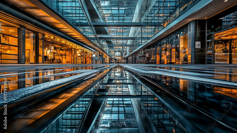 Fototapeta premium Modern urban architecture reflects in water at sunset in a bustling city