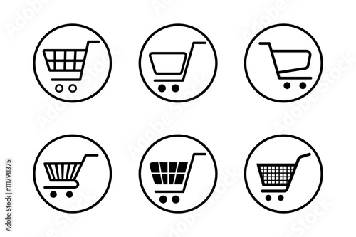 Modern supermarket cart icons set featuring various styles, Supermarket cart icons set with different colors and designs for retail, cart, shopping, supermarket, icons, groceries, retail, purchase