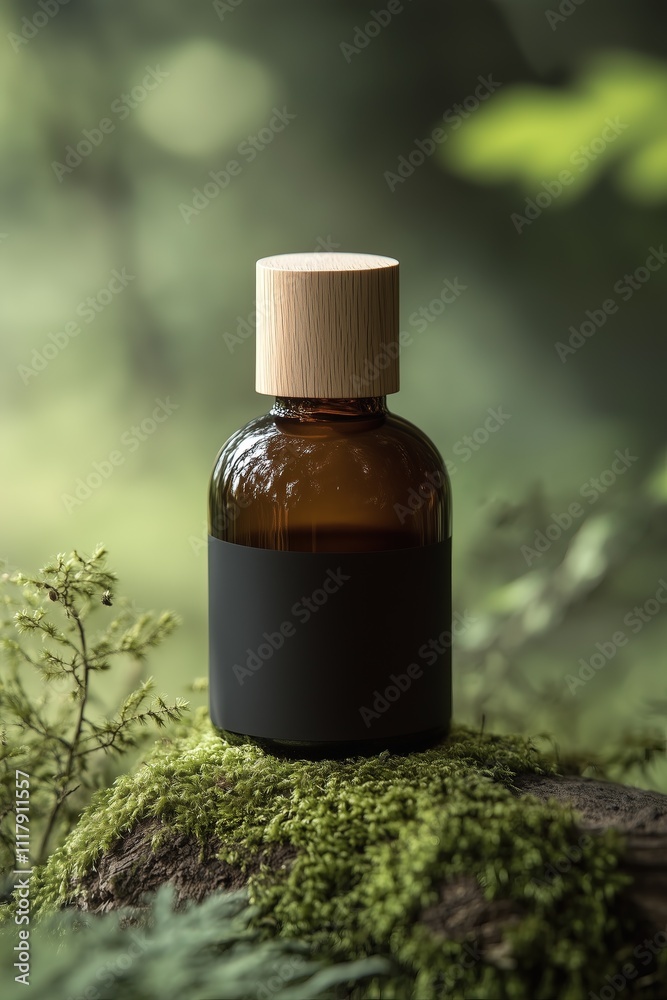 Render of brown glass bottle of cosmetic serum, essentive oil or parfume, on old wood and moss on green wall background, aestetic style. mock up Render of brown glass bottle of cosmetic serum, essentive oil or parfume, on old wood and moss on green wall background, aestetic style. mock up
