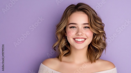 Vibrant and Cheerful Young Woman with Wavy Hair Smiling Joyfully Against Soft Lavender Backdrop