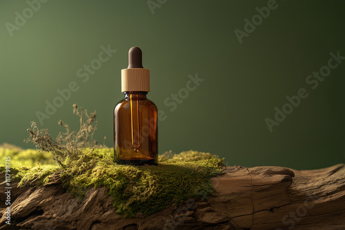 Render of brown glass bottle of cosmetic serum, essentive oil or parfume with a wooden dropper top, on old wood and moss on green wall background, aestetic style. mock up