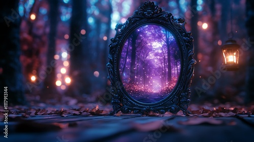 Enchanted Forest Mirror: A Mystical Reflection in a Dark Forest Setting with Glowing Lights and Autumn Leaves