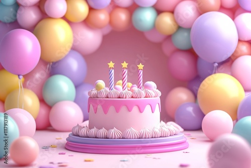 3D Cartoon Birthday Background with Cake and Balloons. AI generated illustration