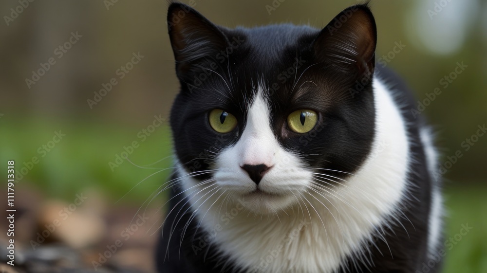 Close-up of a tuxedo cat outdoors. Close-up of a tuxedo cat outdoors.