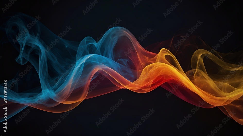 Fototapeta premium Flowing translucent ribbons of blue, orange, and red light, gracefully intertwining against a dark background. Vibrant abstract design with energy and motion. Generative AI