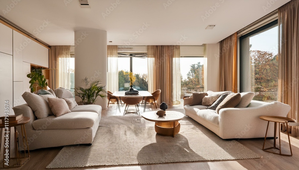 Fototapeta premium Cozy modern living room with a sectional sofa and warm lighting for relaxation