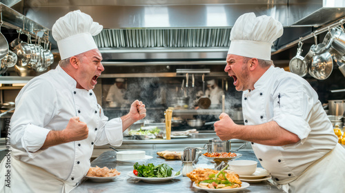 Two mad cooks shouting at each other in restaurant kitchen, getting ready for a fist fight photo