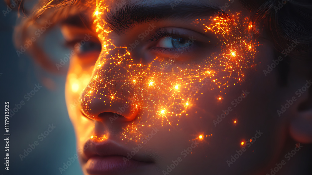 close up portrait of man with glowing energy points on his face, showcasing mesmerizing blend of light and emotion. intricate details create captivating visual experience close up portrait of man with glowing energy points on his face, showcasing mesmerizing blend of light and emotion. intricate details create captivating visual experience