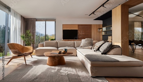 Bright modern living room with a stylish rug and contemporary art for visual interest