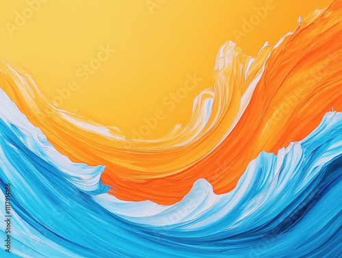 Vibrant Abstract Painting with Bold Strokes in Bright Orange and Blue Swirls on a Warm Yellow Background for Energetic Artistic Themes photo