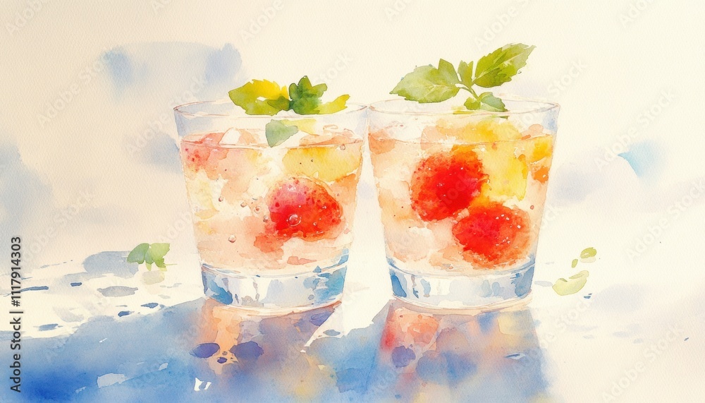 Refreshing summer cocktail drinks with strawberries and mint kitchen table watercolor art bright atmosphere close-up view for relaxation Refreshing summer cocktail drinks with strawberries and mint kitchen table watercolor art bright atmosphere close-up view for relaxation