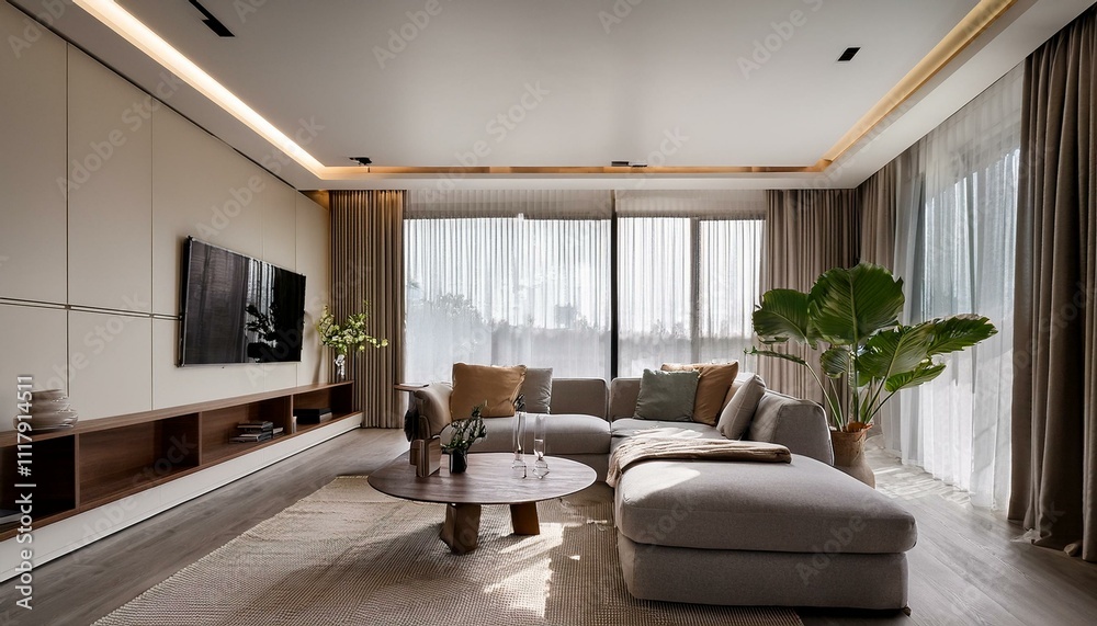 Bright modern living room with a stylish rug and contemporary art for visual interest Bright modern living room with a stylish rug and contemporary art for visual interest