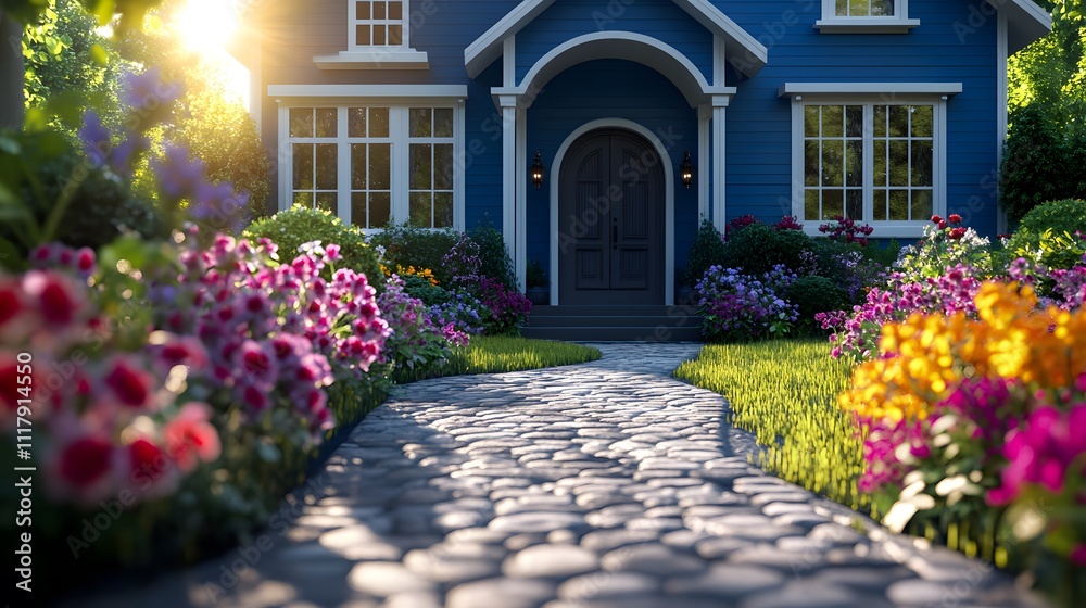 A charming blue house surrounded by vibrant flowers and a stone pathway. A charming blue house surrounded by vibrant flowers and a stone pathway.