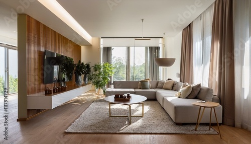 Elegant modern living room with a neutral palette and colorful accents for balance