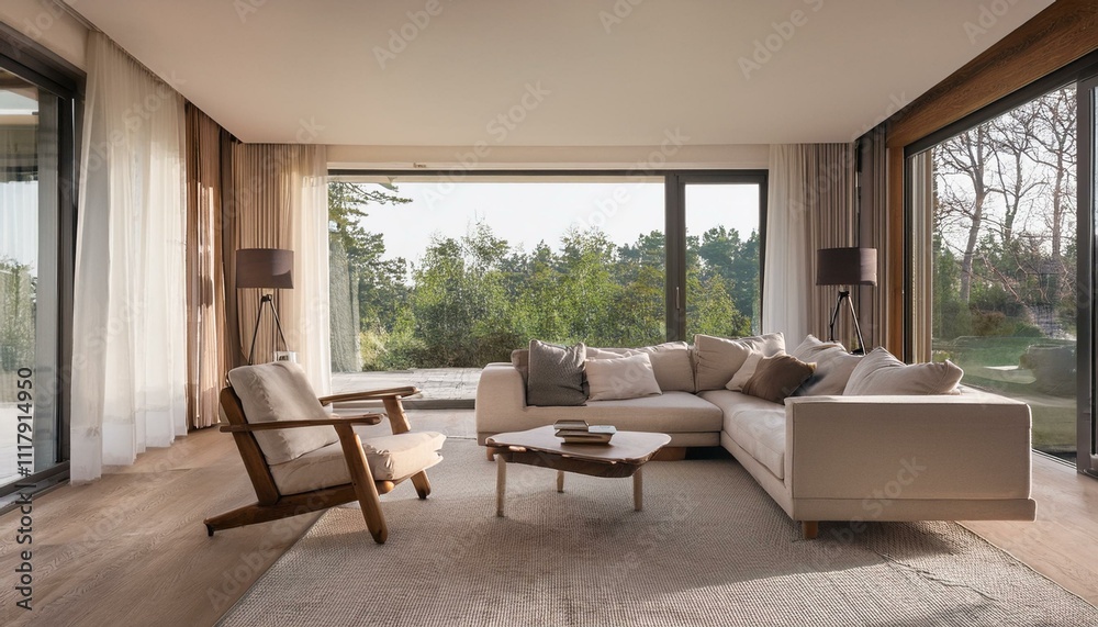 Bright modern living room with a stylish rug and contemporary art for visual interest Bright modern living room with a stylish rug and contemporary art for visual interest