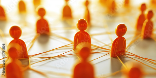 Stilisierte orangefarbene Menschenfiguren bilden ein vernetztes Knotensystem, Symbol für soziale Verbindungen und Gemeinschaft, Teamwork