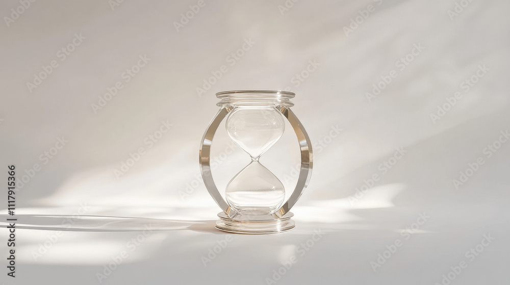 Elegant hourglass casting a soft shadow in bright light, symbolizing the passage of time with a minimalist and timeless design. Elegant hourglass casting a soft shadow in bright light, symbolizing the passage of time with a minimalist and timeless design.