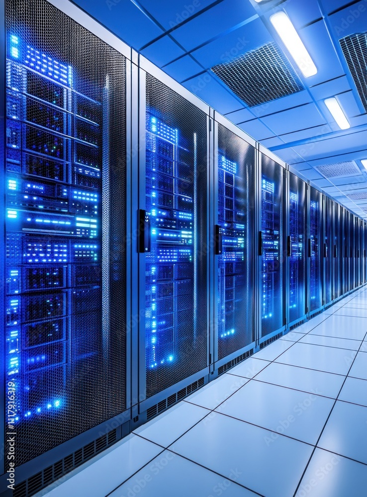 Data center server room with glowing racks. Data center server room with glowing racks.