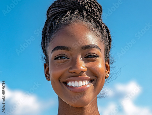 Close-up photo of beautiful black woman against blue sky background 