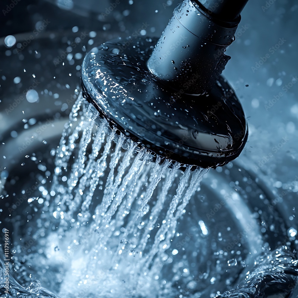 Close-up of water spraying from a shower head, showing water droplets and splashing. Close-up of water spraying from a shower head, showing water droplets and splashing.