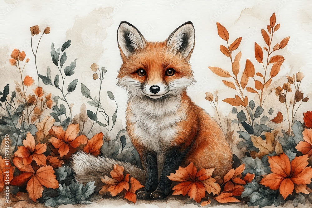 Obraz premium A charming fox surrounded by autumn leaves and flowers in warm colors.