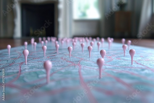 Minimalistic roadmap with pink pinpoints for navigation and travel planning