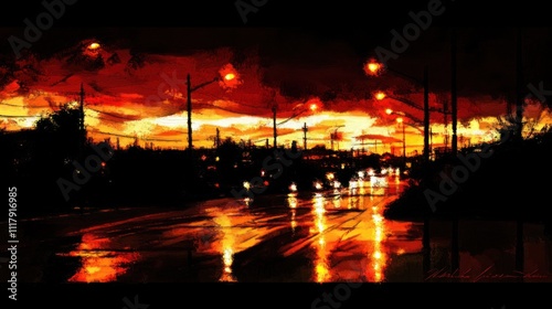 A vibrant sunset reflecting on a wet street 