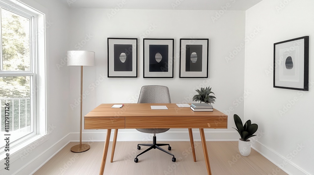 Modern living room with desk, armchair and large windows Modern living room with desk, armchair and large windows