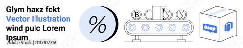 Percentage symbol with gear conveyor and various icons for BTC, CSS. Ideal for websites, presentations, marketing materials, infographics, educational content, social media posts, and landing page