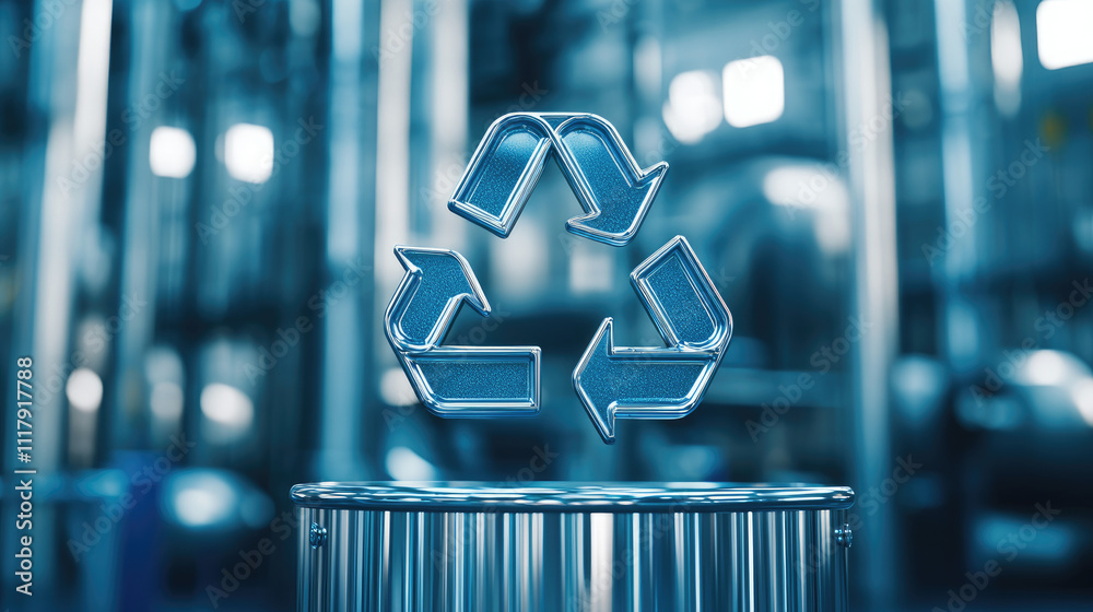 A symbol of recycling displayed prominently in a modern industrial setting. A symbol of recycling displayed prominently in a modern industrial setting.