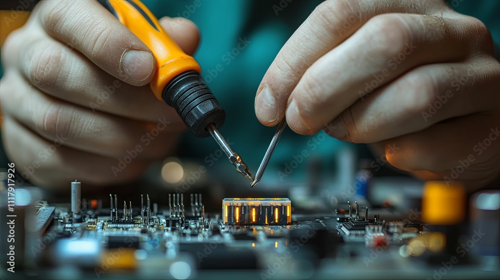 Technician soldering a circuit board component carefully Technician soldering a circuit board component carefully