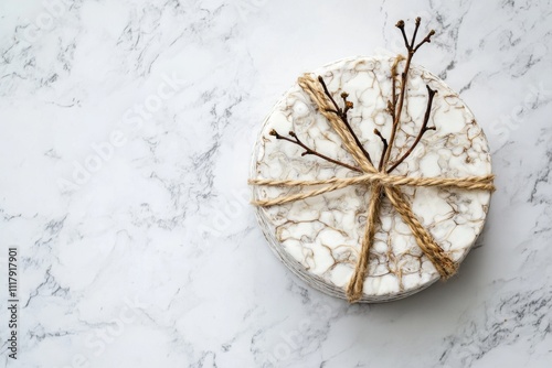 Minimalistic mycelium design on marble surface with natural twine accent