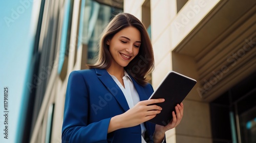 Businesswoman wearing blue coat holding a tablet, office building in the background photo