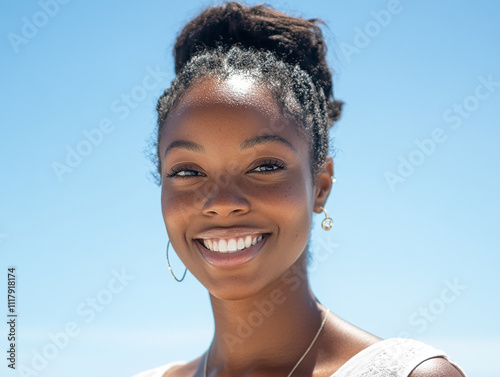 Close-up photo of beautiful black woman against blue sky background 