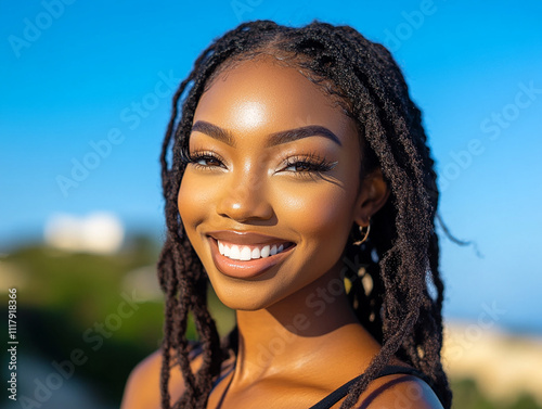 Close-up photo of beautiful black woman against blue sky background	
