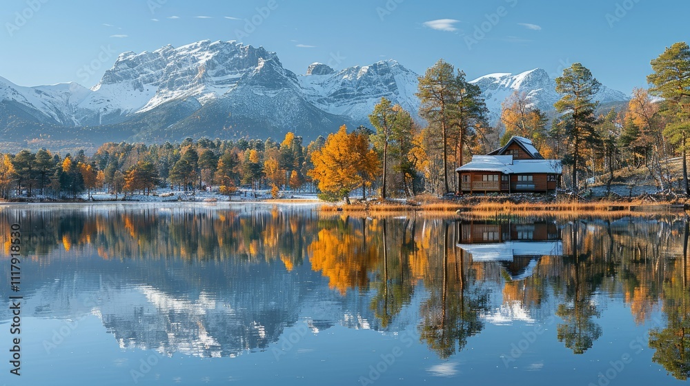 Naklejka premium Mountain lake cabin autumn reflection.