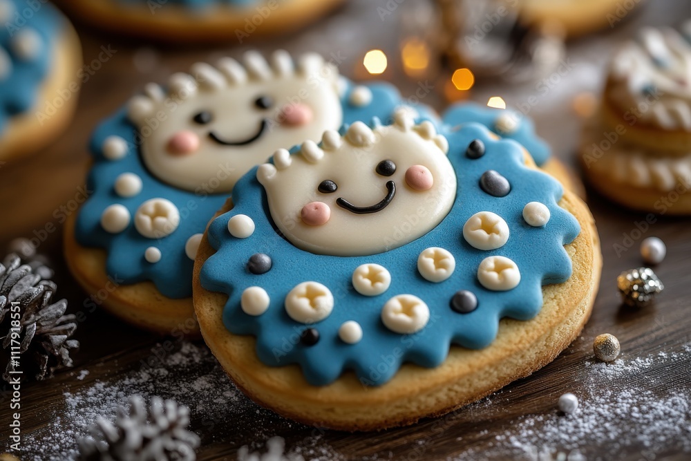 Two decorated cookies featuring smiling faces and blue frosting, perfect for festive occasions. Two decorated cookies featuring smiling faces and blue frosting, perfect for festive occasions.