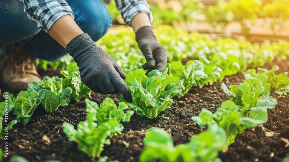 Person tending to leafy greens in a garden Person tending to leafy greens in a garden
