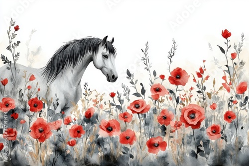 A serene white horse standing among vibrant red poppies in a soft, artistic landscape. photo