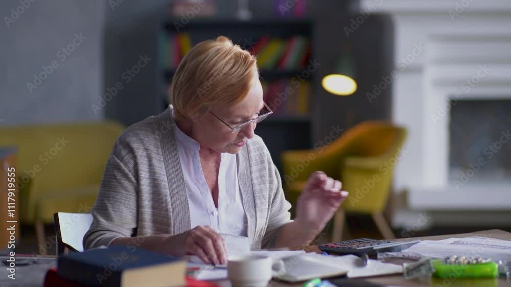 A senior woman is deeply engaged in a thoughtful study session within the comfort of her home A senior woman is deeply engaged in a thoughtful study session within the comfort of her home