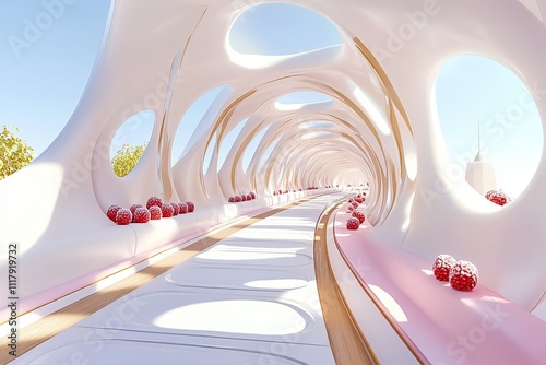 A delicate balance of futuristic design and frozen delight is seen in the ice cream train station, its walls sculpted like mousse and its platforms paved with frosted berries.  photo