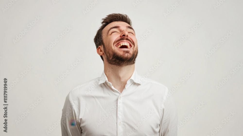 Obraz premium Caucasian male in a white shirt laughs joyfully against a plain background.