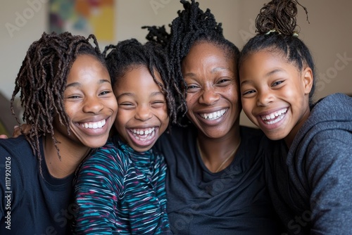 A joyful family portrait featuring a mother, father, and their children, including a teenage girl and boy, all smiling together.