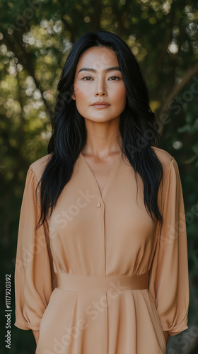 Elegant Asian Model Posing in a Flowing Beige Silk Dress Surrounded by Natural Greenery, Capturing Grace and Serenity in a Fashionable Outdoor Setting