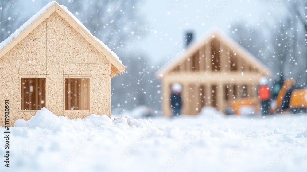 Fototapeta premium Small wooden house structure on a snowy construction site, with snowfall and blurred workers in the background.