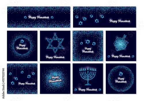 Set of Luxury Festive Happy Hanukkah backgrounds with sparkles and glitter