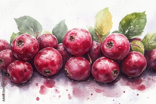 A watercolor illustration of red apples with leaves and splashes of color.