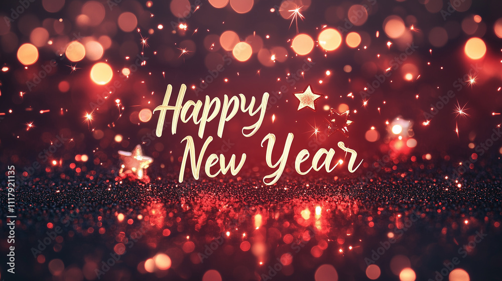 Elegant Happy New Year Greeting with Sparkling Gold and Red Lights