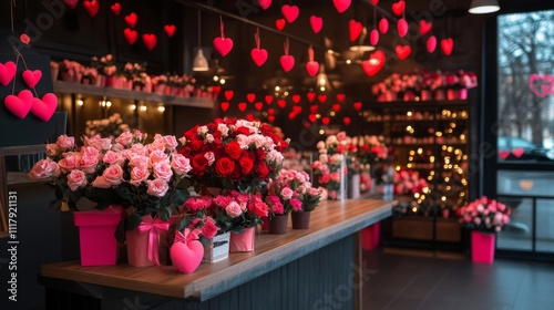 Valentine's Day Flower Shop: Romantic Roses and Heart Decorations in a Cozy, Dimly-Lit Boutique Setting