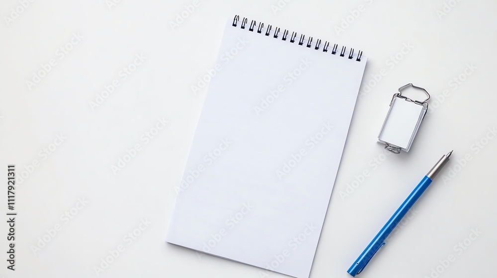 Blank notepad, pen, and a small picture frame on a white table. Blank notepad, pen, and a small picture frame on a white table.